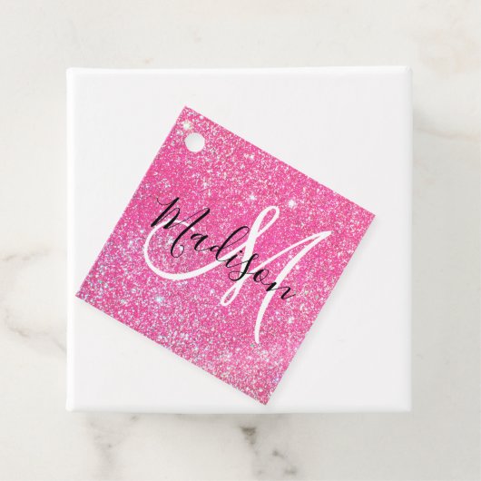 Girly Glam Hot Pink Glitter Sparkles Monogram Bedankjes Labels (In situ)