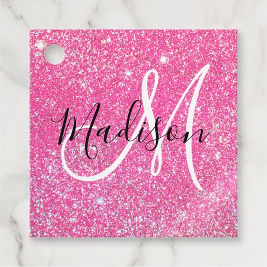 Girly Glam Hot Pink Glitter Sparkles Monogram Bedankjes Labels (Voorkant)