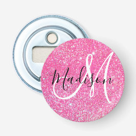 Girly Glam Hot Pink Glitter Sparkles Monogram Button Flesopener