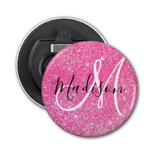 Girly Glam Hot Pink Glitter Sparkles Monogram Button Flesopener