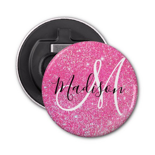 Girly Glam Hot Pink Glitter Sparkles Monogram Button Flesopener (Voorkant)