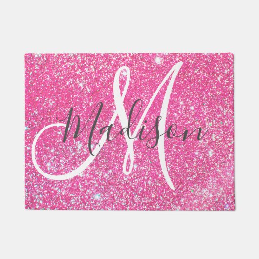 Girly Glam Hot Pink Glitter Sparkles Monogram Deurmat (Voorkant)