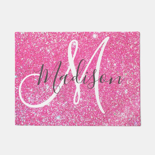 Girly Glam Hot Pink Glitter Sparkles Monogram Deurmat (Voorkant)