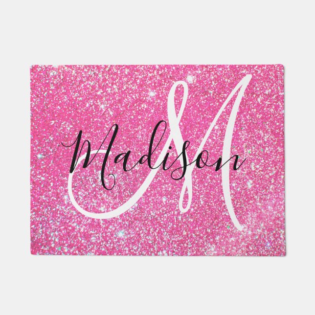 Girly Glam Hot Pink Glitter Sparkles Monogram Deurmat (Voorkant)