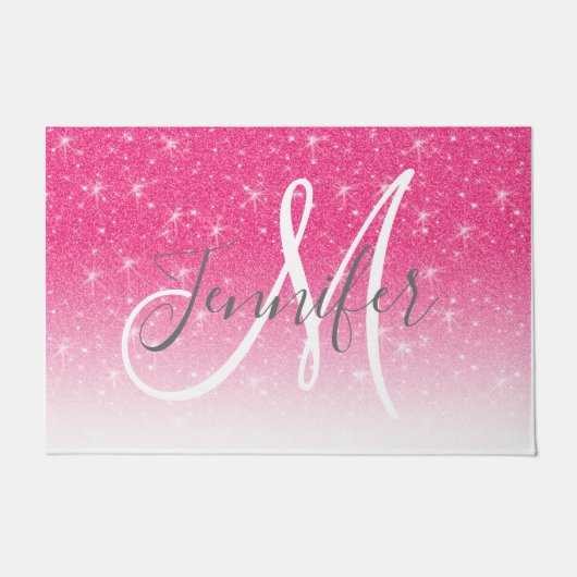 Girly Glam Hot Pink Glitter Sparkles Monogram Deurmat (Voorkant)
