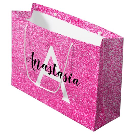 Girly Glam Hot Pink Glitter Sparkles Monogram Groot Cadeauzakje (Voorkant Gekanteld)