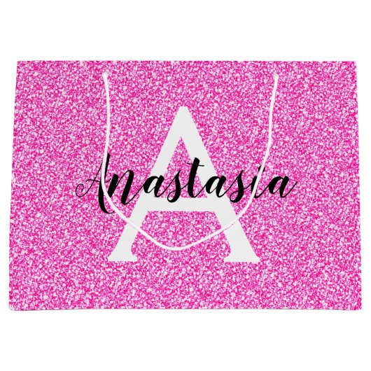 Girly Glam Hot Pink Glitter Sparkles Monogram Groot Cadeauzakje (Voorkant)