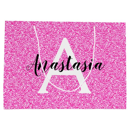 Girly Glam Hot Pink Glitter Sparkles Monogram Groot Cadeauzakje (Achterkant)