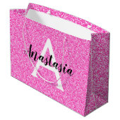 Girly Glam Hot Pink Glitter Sparkles Monogram Groot Cadeauzakje (Achterkant Gekanteld)