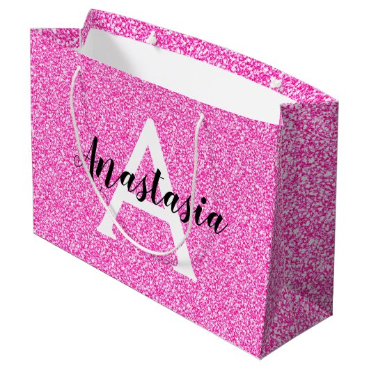 Girly Glam Hot Pink Glitter Sparkles Monogram Groot Cadeauzakje (Achterkant Gekanteld)