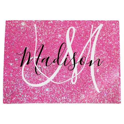 Girly Glam Hot Pink Glitter Sparkles Monogram Groot Cadeauzakje (Voorkant)