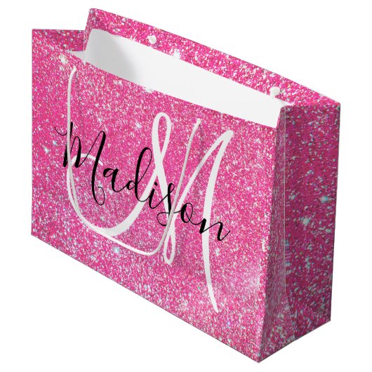 Girly Glam Hot Pink Glitter Sparkles Monogram Groot Cadeauzakje (Voorkant Gekanteld)