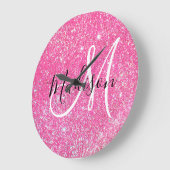 Girly Glam Hot Pink Glitter Sparkles Monogram Grote Klok (Hoek)