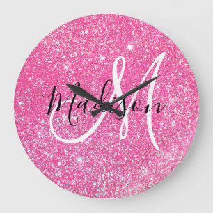 Girly Glam Hot Pink Glitter Sparkles Monogram Grote Klok
