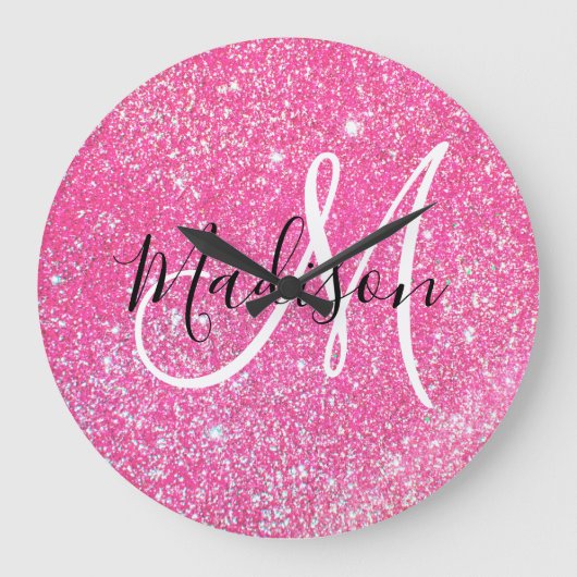 Girly Glam Hot Pink Glitter Sparkles Monogram Grote Klok (Voorkant)