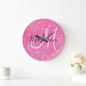 Girly Glam Hot Pink Glitter Sparkles Monogram Grote Klok (Huis)