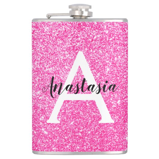Girly Glam Hot Pink Glitter Sparkles Monogram Heupfles (Voorkant)