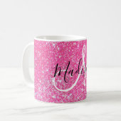Girly Glam Hot Pink Glitter Sparkles Monogram Koffiemok (Voorkant links)