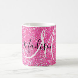 Girly Glam Hot Pink Glitter Sparkles Monogram Koffiemok