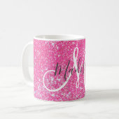 Girly Glam Hot Pink Glitter Sparkles Monogram Koffiemok (Voorkant links)
