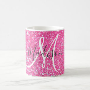 Girly Glam Hot Pink Glitter Sparkles Monogram Koffiemok