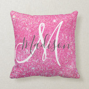 Girly Glam Hot Pink Glitter Sparkles Monogram Kussen