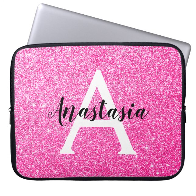Girly Glam Hot Pink Glitter Sparkles Monogram Laptop Sleeve (Voorkant)