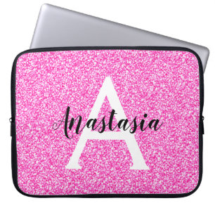 Girly Glam Hot Pink Glitter Sparkles Monogram Laptop Sleeve