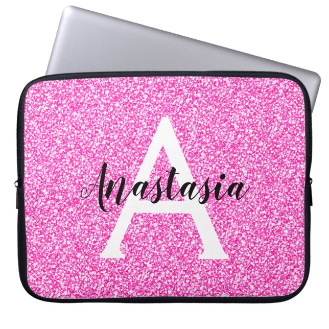 Girly Glam Hot Pink Glitter Sparkles Monogram Laptop Sleeve (Voorkant)
