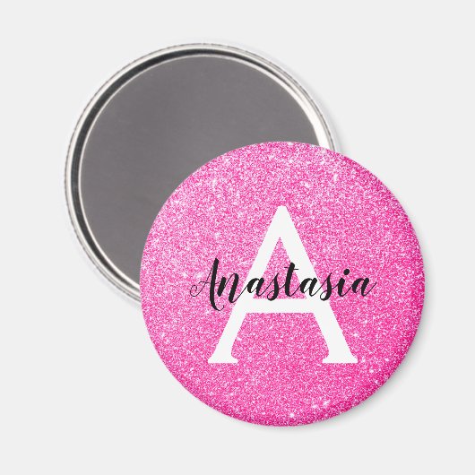 Girly Glam Hot Pink Glitter Sparkles Monogram Magneet (Voorkant / Achterkant)