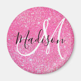 Girly Glam Hot Pink Glitter Sparkles Monogram Magneet