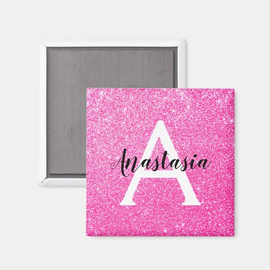 Girly Glam Hot Pink Glitter Sparkles Monogram Magneet (Voorkant / Achterkant)