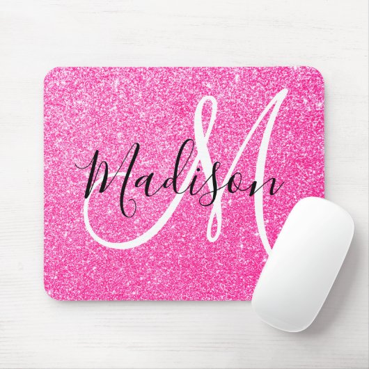 Girly Glam Hot Pink Glitter Sparkles Monogram Muismat (Met muis)
