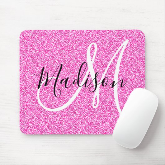Girly Glam Hot Pink Glitter Sparkles Monogram Muismat (Met muis)