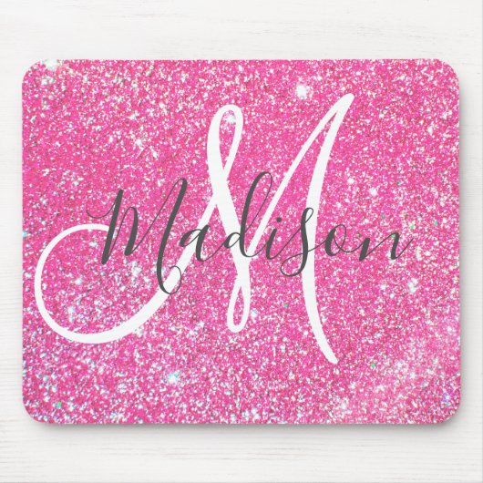 Girly Glam Hot Pink Glitter Sparkles Monogram Muismat (Voorkant)