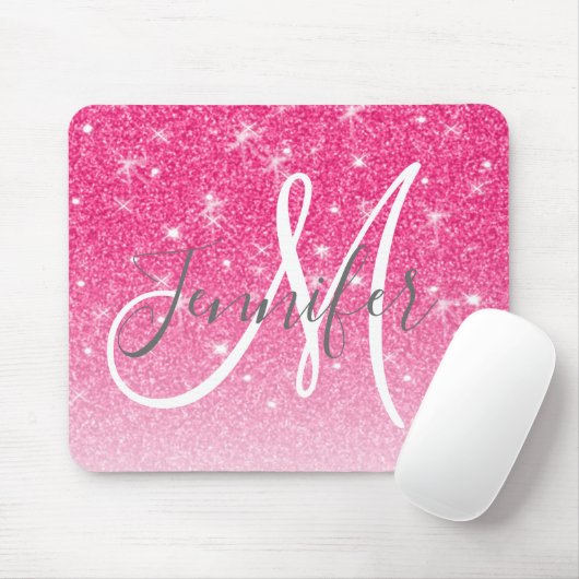 Girly Glam Hot Pink Glitter Sparkles Monogram Muismat (Met muis)