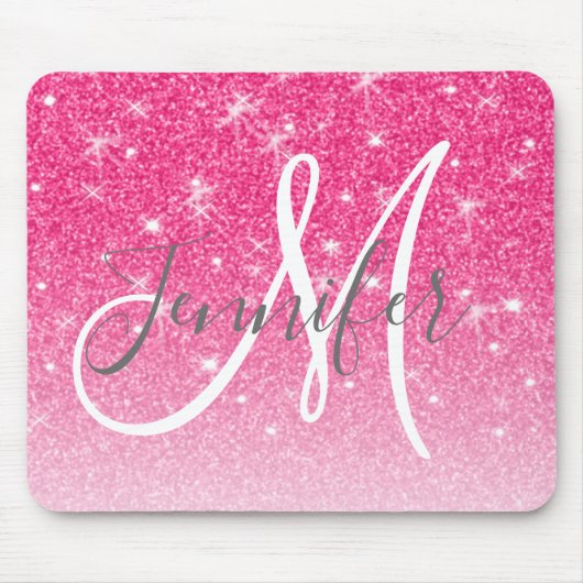 Girly Glam Hot Pink Glitter Sparkles Monogram Muismat (Voorkant)