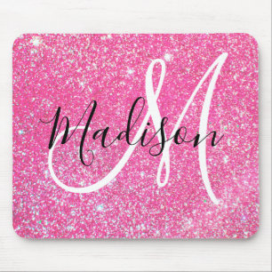 Girly Glam Hot Pink Glitter Sparkles Monogram Muismat