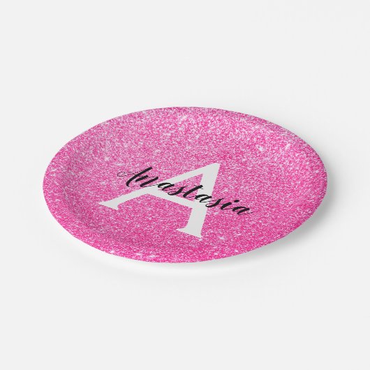 Girly Glam Hot Pink Glitter Sparkles Monogram Papieren Bordje (Gekanteld)
