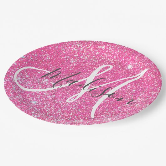 Girly Glam Hot Pink Glitter Sparkles Monogram Papieren Bordje (Gekanteld)