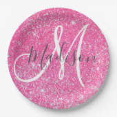 Girly Glam Hot Pink Glitter Sparkles Monogram Papieren Bordje (Voorkant)