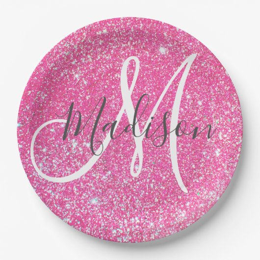 Girly Glam Hot Pink Glitter Sparkles Monogram Papieren Bordje (Voorkant)