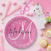 Girly Glam Hot Pink Glitter Sparkles Monogram Papieren Bordje (Feest)