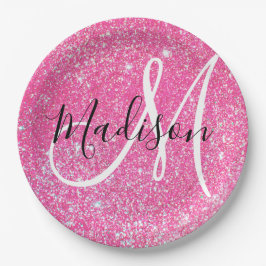 Girly Glam Hot Pink Glitter Sparkles Monogram Papieren Bordje