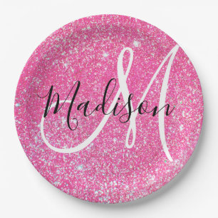 Girly Glam Hot Pink Glitter Sparkles Monogram Papieren Bordje