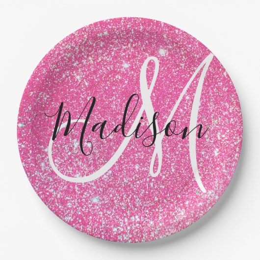 Girly Glam Hot Pink Glitter Sparkles Monogram Papieren Bordje (Voorkant)