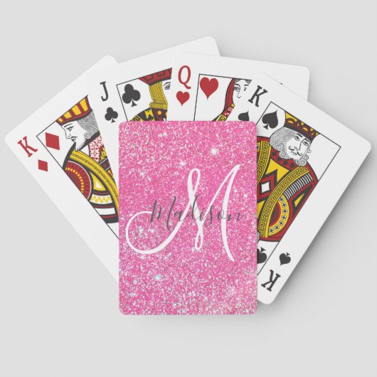 Girly Glam Hot Pink Glitter Sparkles Monogram Pokerkaarten (Achterkant)