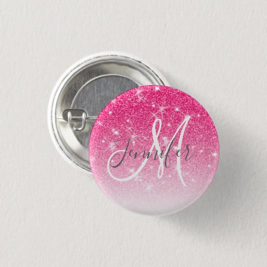 Girly Glam Hot Pink Glitter Sparkles Monogram Ronde Button 3,2 Cm (Voorkant /achterkant)