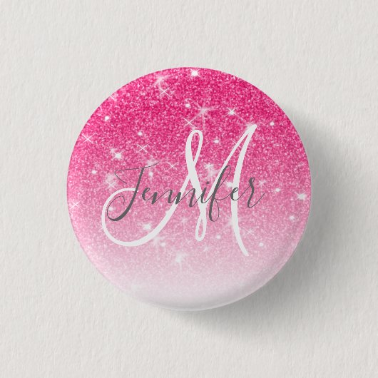 Girly Glam Hot Pink Glitter Sparkles Monogram Ronde Button 3,2 Cm (Voorkant)