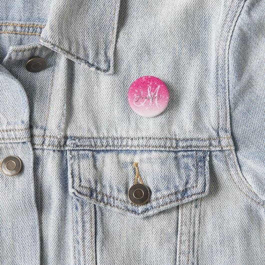 Girly Glam Hot Pink Glitter Sparkles Monogram Ronde Button 3,2 Cm (In situ)